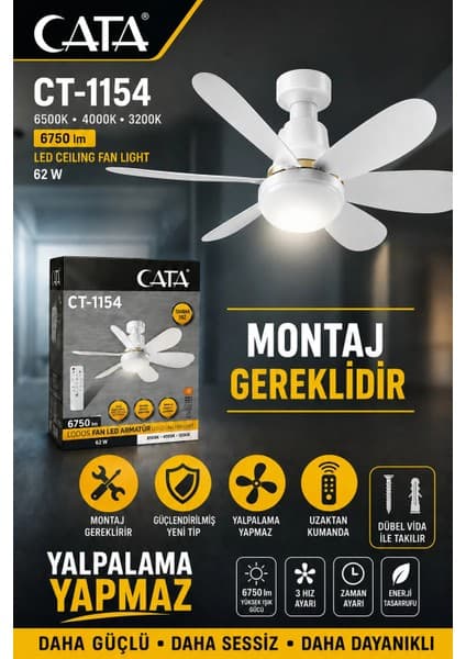 Cata CT-1154 62 Watt Lodos Fan LED Tavan Vantilatörü (Yeni