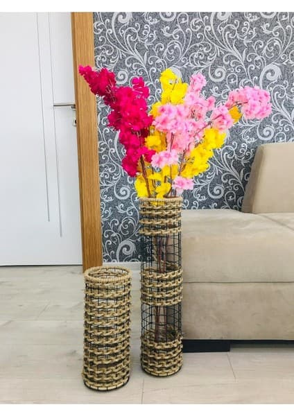 Hasır Örgü Vazo 2'li Set, 25 cm ve 50 Cm, Doğal Renk, Dekoratif