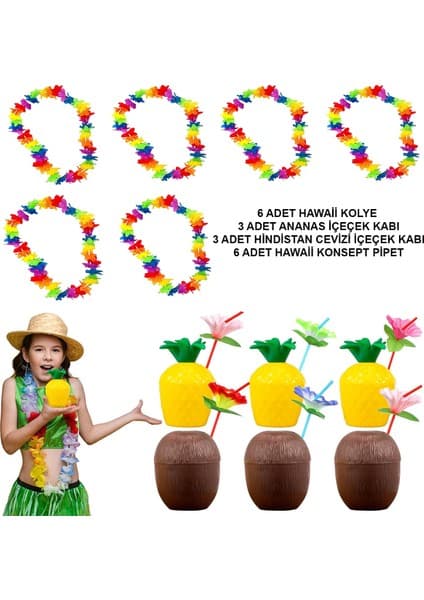 Ett Tropikal Hawaii Parti Malzemeleri – Kolye, Pipet, Bardak