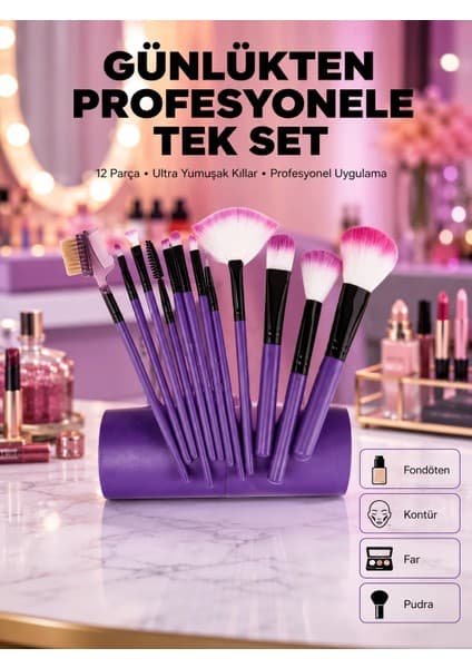 Fondöten, Allık ve Far Uygulamalarına Uygun 12 Parça Makyaj Fırça Takımı Ergonomik