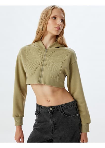 Koton Crop Sweatshirt Fermuarlı Kapüşonlu Kelebek