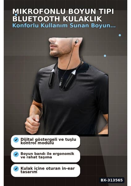 Mikrofonlu 10 Saat Kullanımlı Boyun Tipi Bluetooth Kulaklık Ofis Seyahat