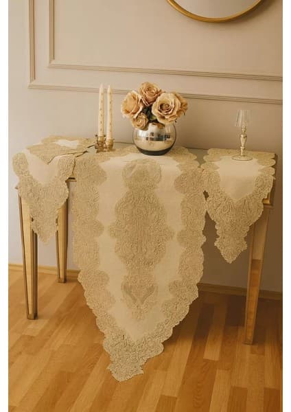 Angelika Model 236 Simli 5 Parça Keten Dantelli Masa Örtüsü Runner Seti - 150X 60