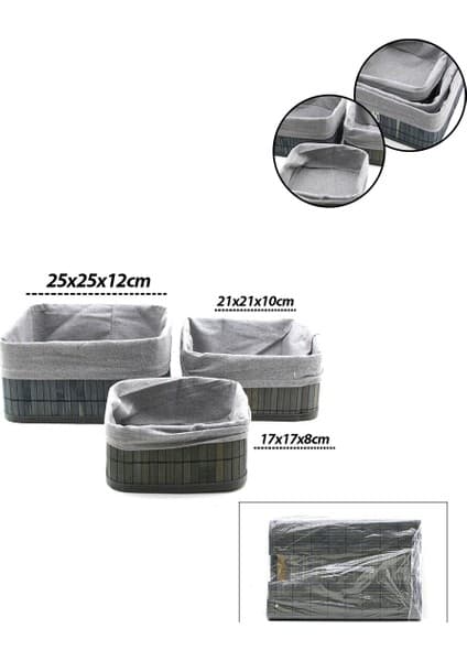 Store Gri 3 Boy Kare Bambu Kenar Organizer Sepet Ahşap Altlık - Bezli