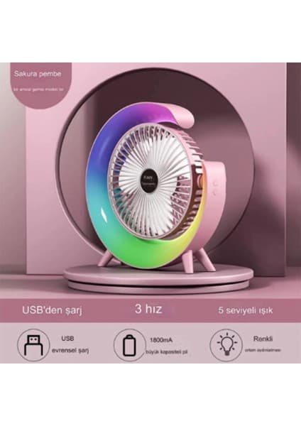 Epilons Masaüstü Vantilatör USB Şarjlı Rgb LED Işıklı 3 Kademeli 180° Ayarlanabilir Soğutucu Fan