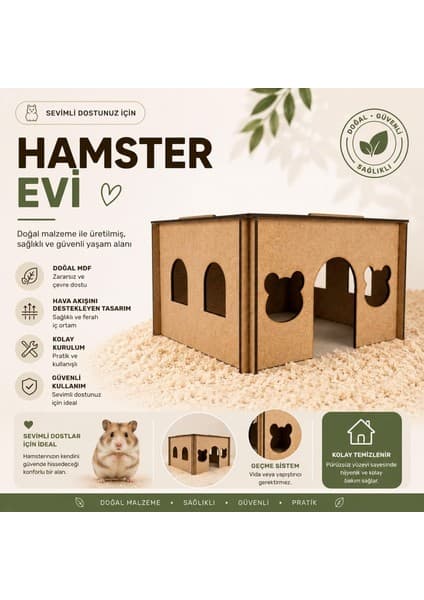 Ahşap Hamster Evi - Geçme Sistemli Kemirgen Yuvası, Demonte Ham Mdf Küçük Irk Evcil Hayvan