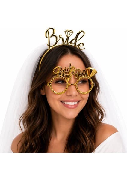 Bezos Bride Yazılı Gold Taç ve Parti Gözlüğü