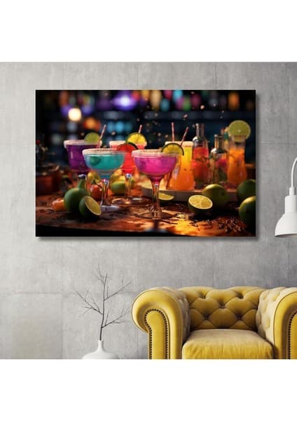 Tekli Yatay Kanvas Cafe Bar Tablosu Renkli Kokteyl Bardakları, 60 x
