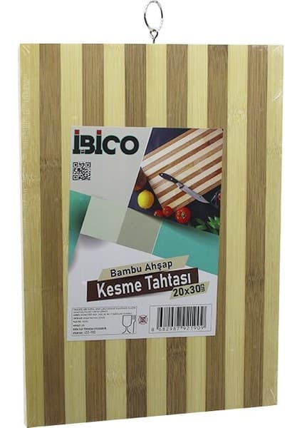 Str Store 20 x 30 x 1.4cm Beyaz Çizgili Ahşap Bambu Kesim Panosu - Kesme Tahtası Metal