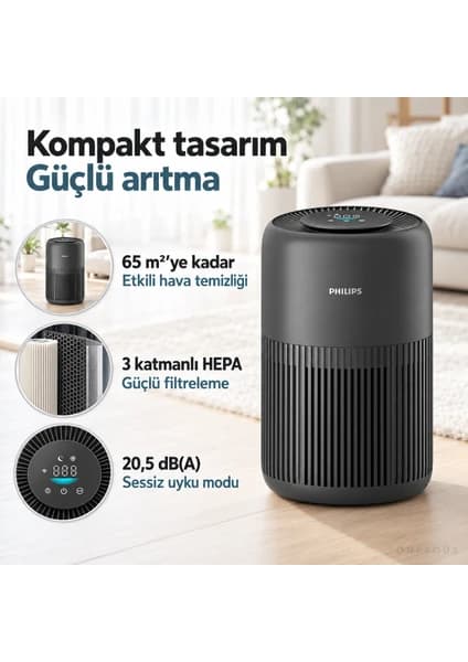 Philips Akıllı Hava Temizleyici, 65 M²’ye Kadar Alan, 250 M³/sa Cadr, Hepa Nanoprotect ve Aktif Karbon Filtre, Wi-Fi ve Air+ Kontrolü + Tiftik Cihazı (Onerous)