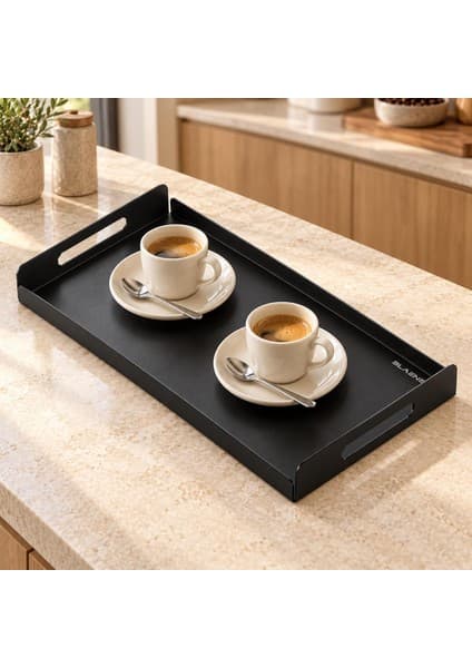 Xml Bayiciniz Tr Paslanmaz Çelik Servis Tepsisi 35X20 cm Kulplu Kahve Çay Sunum Tepsisi Mat Siyah -