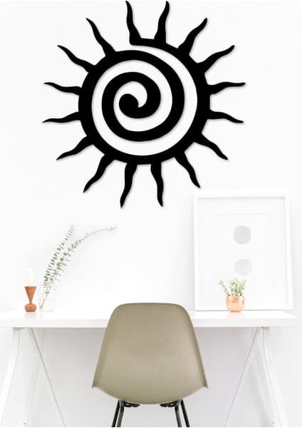 Spiral Güneş Doğal Ahşap Kaplama Siyah Duvar Dekoru, Geometrik Spiritüel Zen Duvar Sanatı, 30 cm