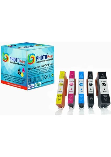 Photo Print® Pixma IP4700 PGI-520XL / Clı -521XL 5 Renk Muadil Kartuş Seti 500